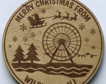 Adorno navideño de noria de Wildwood: adorno de madera para árbol de Navidad, hecho a mano y grabado con láser.