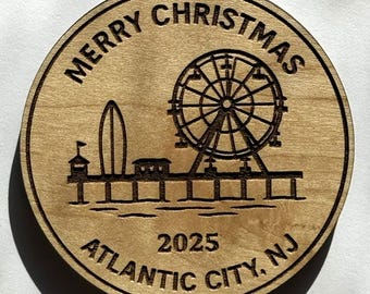 Adorno navideño de noria de Atlantic City: adorno de madera para árbol de Navidad, hecho a mano y grabado con láser.