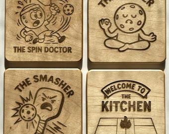 Handmade Pickleball Mood Themed Coaster Set: Wooden Laser Engraved Drink Coasters, Pickleball Themed Gift, Sports Bar & Home Decor