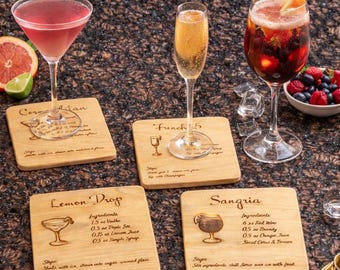 Ladies' Night - Mixology Coaster Set | Engraved Cocktail Recipe Coasters | Maple or Cherry | Set of 4 or 6