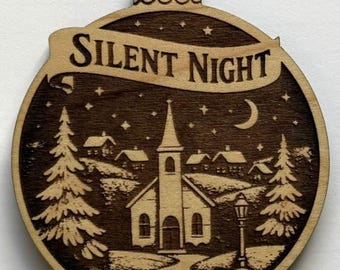 Silent Night Christmas Ornament: Wooden Holiday Tree Decoration, Handmade Laser Engraved Ornament