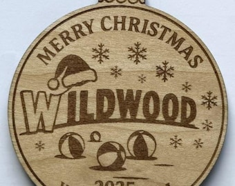 Wildwood Beachball Sign Christmas Ornament: Wooden Holiday Tree Decoration, Handmade Laser Engraved Ornament