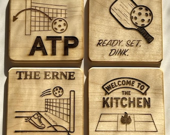 Handmade Pickleball Tactics Themed Coaster Set: Wooden Laser Engraved Drink Coasters, Pickleball Themed Gift, Sports Bar & Home Decor