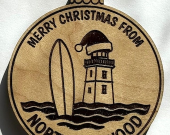 North Wildwood Lighthouse Christmas Ornament: Wooden Holiday Tree Decoration, Handmade Laser Engraved Ornament