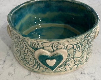 Sit and Stay Ceramic handmade dog green glazed bowl with bones