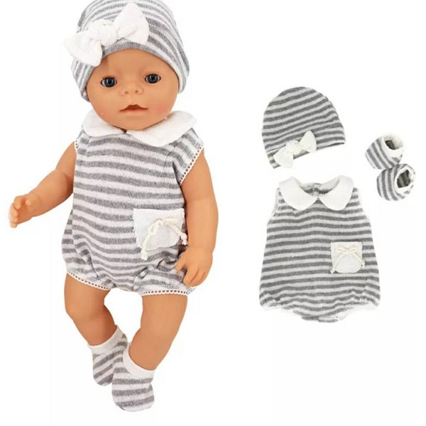 4 Peice Grey Stripped Baby Dolls Outfit with Matching Hat & Booties suitable for reborn dolls 43cm / 18 inches