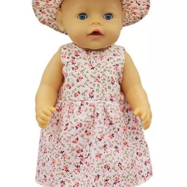 Robe florale rose pour poupée bébé avec chapeau assorti pour s'adapter aux poupées de 43 cm / 17 pouces