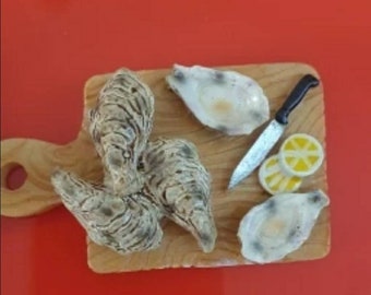 Miniature Dollshouse Accessories Serving Cutting Board with Oysters & lemon slices 1/12th - 1/6 scale miniature size