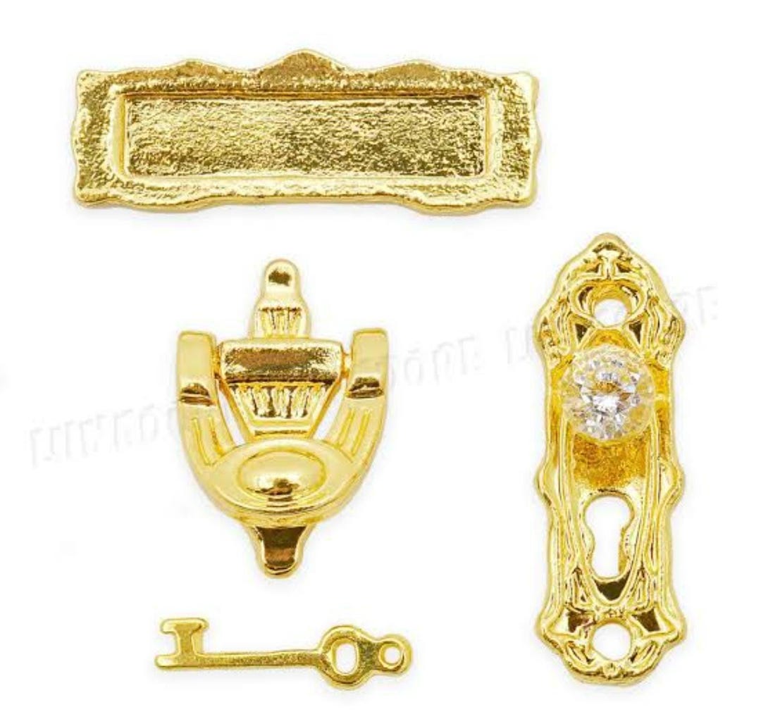 1:12 Scale Miniature Dollhouse Metal Accessories Set - Door Lock, Key, Knocker, Letter Box