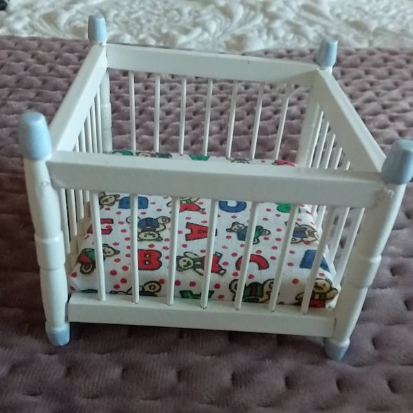 Miniature Dollhouse Accessories Wooden Playpen White with Blue Trim & ABC Teddy Bear Fabric 1:12th scale miniature size