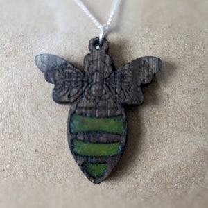 Only 2 Left  ... RARE.. Ancient Bog Oak and Resin Bumble Bee Pendant Necklace .925 Sterling Silver