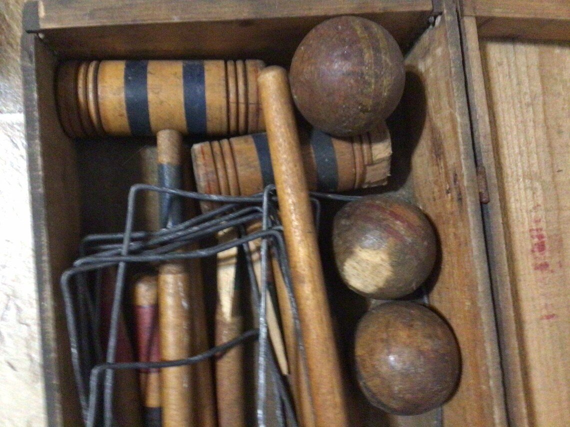 Vintage Antique Rare Wood Box Croquet Set With Balls Mallets Etsy