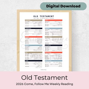 May include: A beige-colored Old Testament 2026 weekly reading calendar. The calendar is divided into months, with each month listing dates and corresponding biblical references. The words "Digital Download" are at the top.
