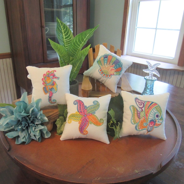 Embroidered beach, starfish, seahorse, fish, seashell accent pillow covers, beach pillows, summer pillows, sofa pillows