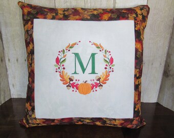 Embroidered personalized fall wreath pillow cover, fall pillow, living room decor, couch pillow, sofa pillow