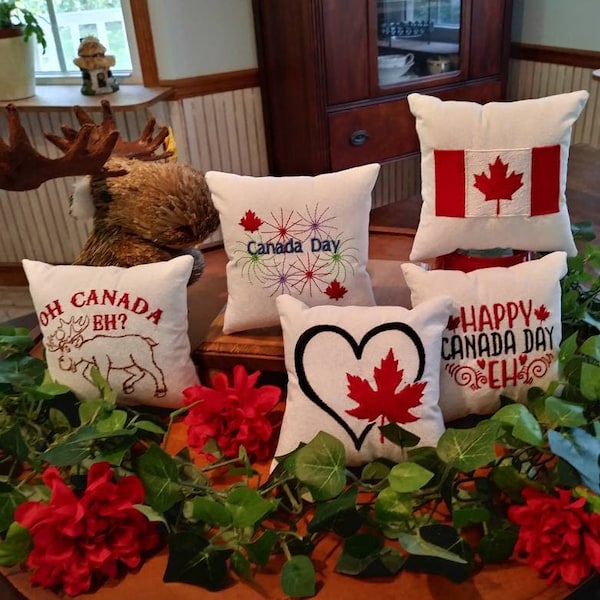 Embroidered Happy Canada Day, flag, moose, maple leaf mini pillow, Canada decor, tiered tray decor, farmhouse tiered tray pillow