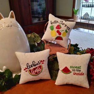 Handmade embroidered watermelon mini pillow, watermelon kitchen decor, tiered tray decor, farmhouse tiered tray, bowl filler, summer decor