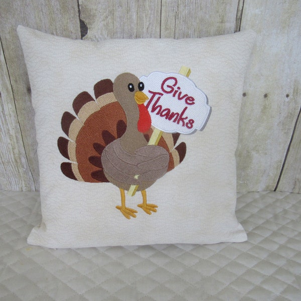 Embroidered Thanksgiving pillow, turkey pillow cover, give thanks turkey pillow, Thanksgiving decor,  sofa pillow cover, accent pillow cover