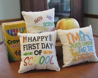 Handmade embroidered back to school mini pillows for tier trays, door hangers and teacher gifts