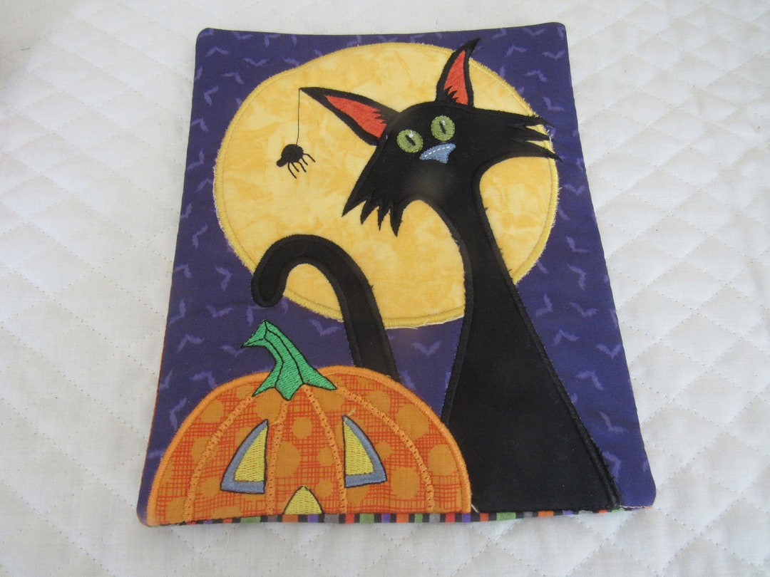 Embroidered Halloween Coaster Halloween Mug Rug Black Cat Etsy