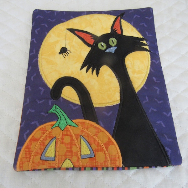 Embroidered Halloween coaster, Halloween mug rug, black cat mug rug, pumpkin mug rug