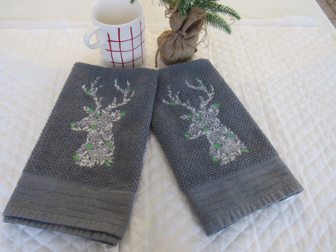 Embroidered Winter Kitchen Towels, Deer Kitchen Towels, Reindeer Towels