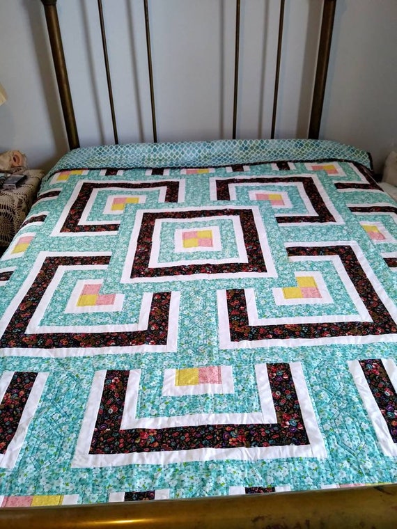 Homemade Quilt Handmade Quilt Teal Floral Quilt Twin Quilt
