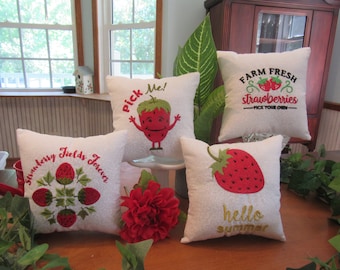 Embroidered strawberry mini pillows, strawberry farmhouse decor, strawberry fields forever, farm fresh strawberry kitchen decor, tier tray
