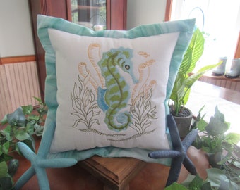 Embroidered seahorse accent pillow, mini pillow, tier tray decor, beach decor, ocean decor