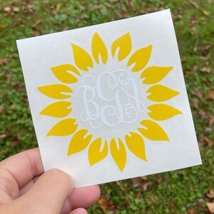 yellow sunflower with white monogram for car window, tumbler, laptop