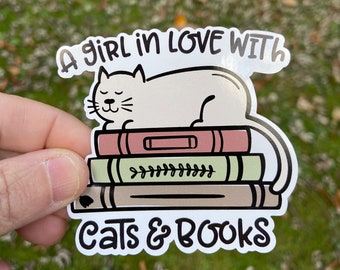 Pegatina de gato, pegatina de libro, una chica enamorada de gatos y libros pegatina de botella de agua, pegatina linda amante de los gatos, pegatina de computadora portátil, regalo para ella