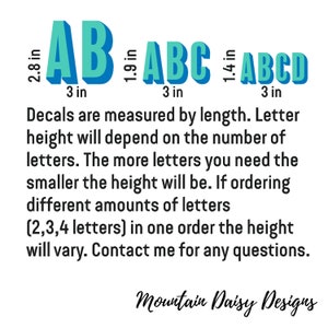 May include: Turquoise 3D letter decals. The image shows the letters AB, ABC, and ABCD, with heights of 2.8 in, 1.9 in, and 1.4 in, respectively. The length of each decal is 3 inches. Text explains decal sizing and ordering.