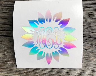 Holographic Sunflower monogram car decal, Sunflower Holographic Car Monogram decal, Holographic Flower Decal for Tumbler, Monogram Decal