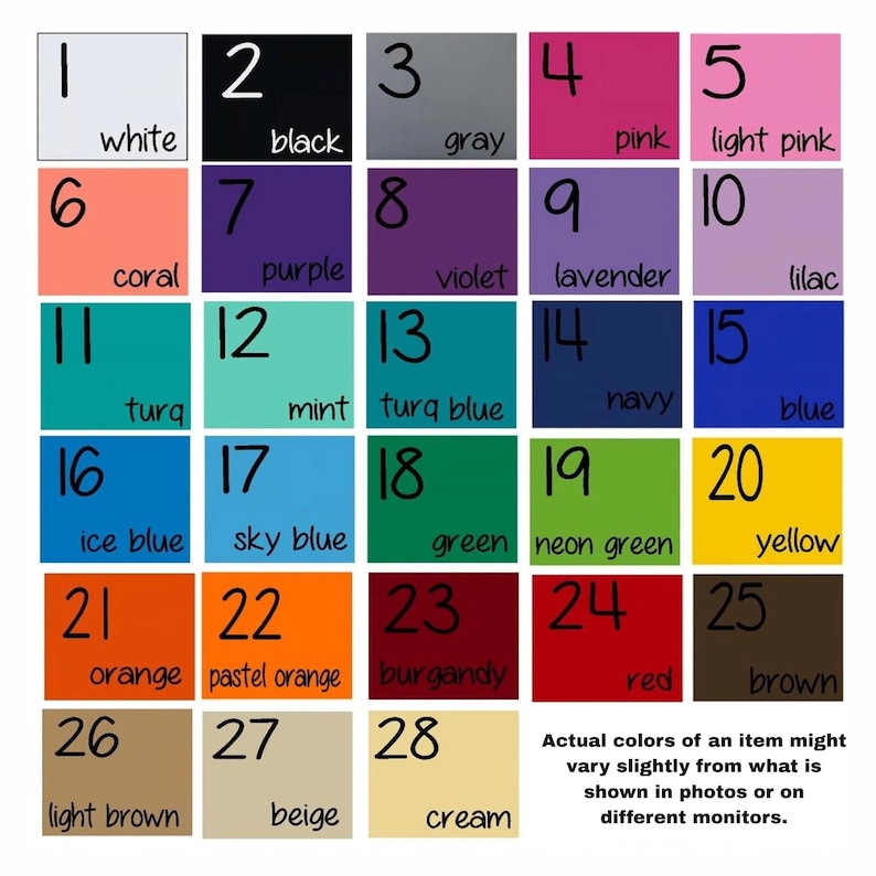 Op de afbeelding: Een kleurenkaart met 28 verschillende kleurstalen, elk gelabeld met een kleurnaam. Kleuren zijn onder meer wit, zwart, grijs, roze, blauw, groen en meer. De tekst onderaan vermeldt dat de werkelijke kleuren kunnen vari&euml;ren.