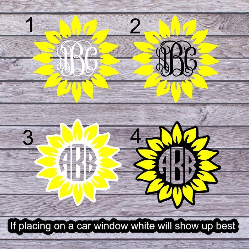 Puede incluir: Cuatro dise&ntilde;os diferentes de calcoman&iacute;as de girasol con un monograma en el centro. Los monogramas son en blanco y negro. Los girasoles son amarillos con centros negros.