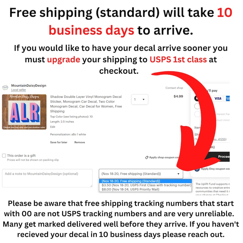 May include: Image shows a product listing for a monogram decal. The decal is 2.5 inches long and features the letters "ALR". The listing includes information about shipping times and options, with a note about unreliable tracking numbers.