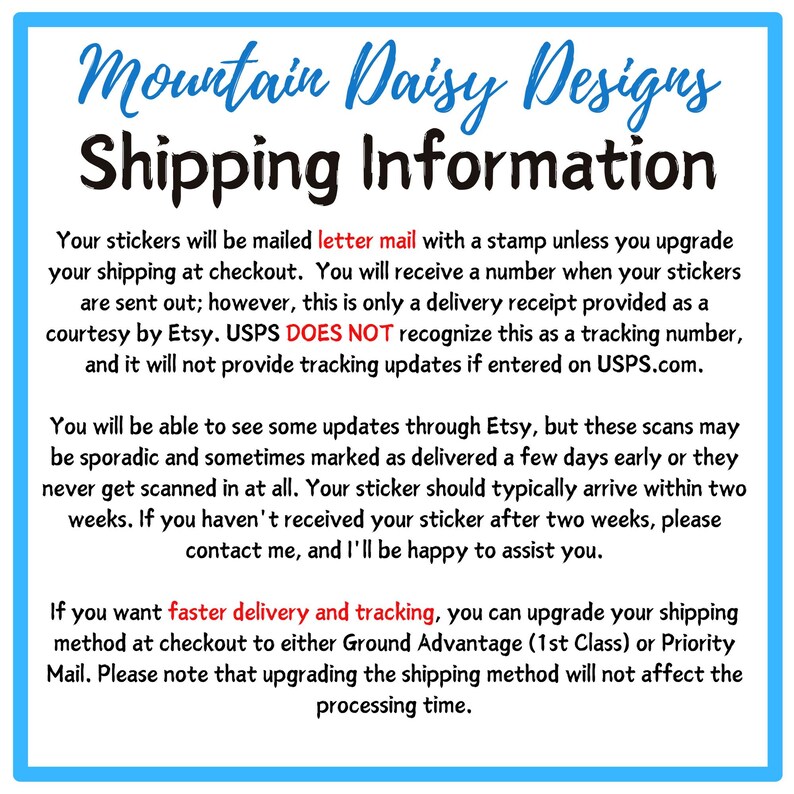 a sign that says mountain daisy designs shipping information