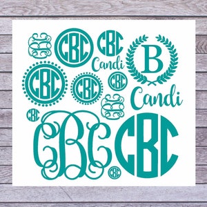 May include: A collection of teal-colored monogram designs on a white background. The designs include circular monograms with the initials "CBC", a monogram with the initial "B" surrounded by a laurel wreath, and the name "Candi" in script.