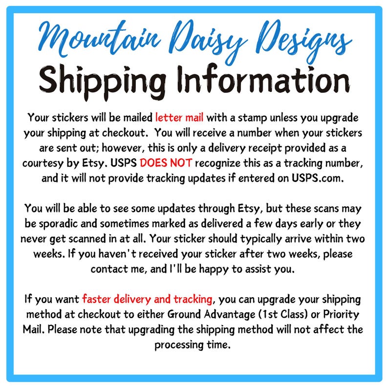 a sign that says mountain daisy designs shipping information