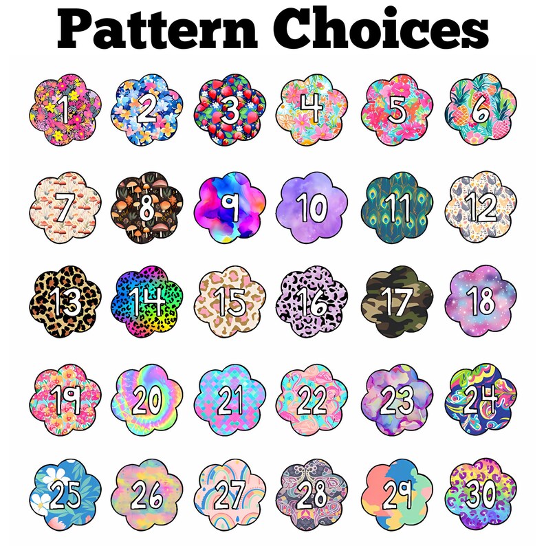 Puede incluir: Un gr&aacute;fico de 30 patrones coloridos diferentes, numerados del 1 al 30. Cada patr&oacute;n se muestra en un gr&aacute;fico con forma de flor.