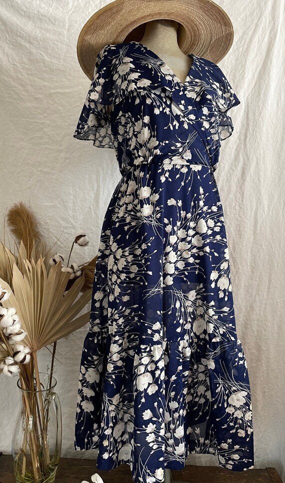 Vintage 70's Blue Floral Long Wrap Style Dress Etsy