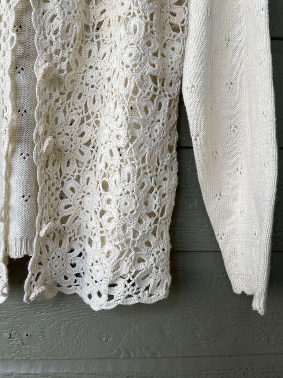 Vintage | Hand Knit | Crochet | Cardigan | Cream … - image 3