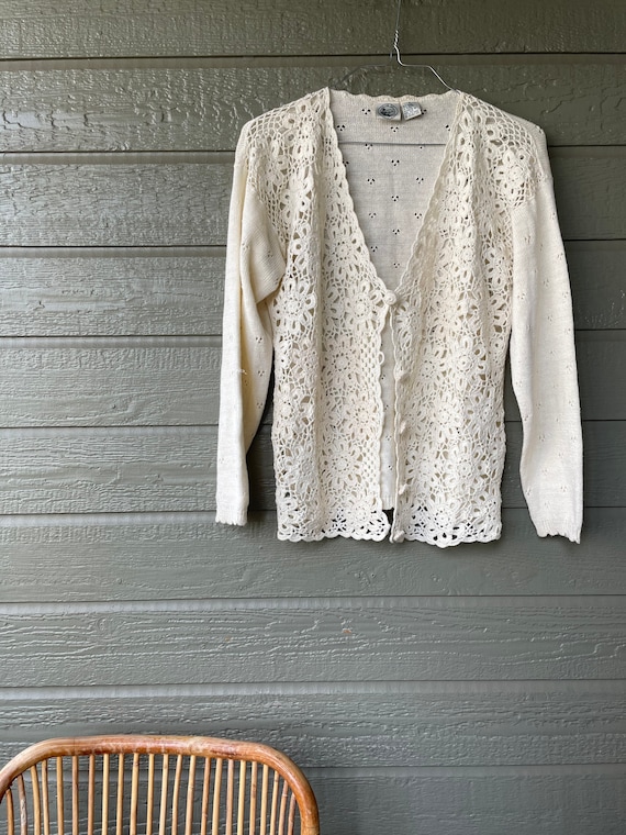 Vintage | Hand Knit | Crochet | Cardigan | Cream … - image 1