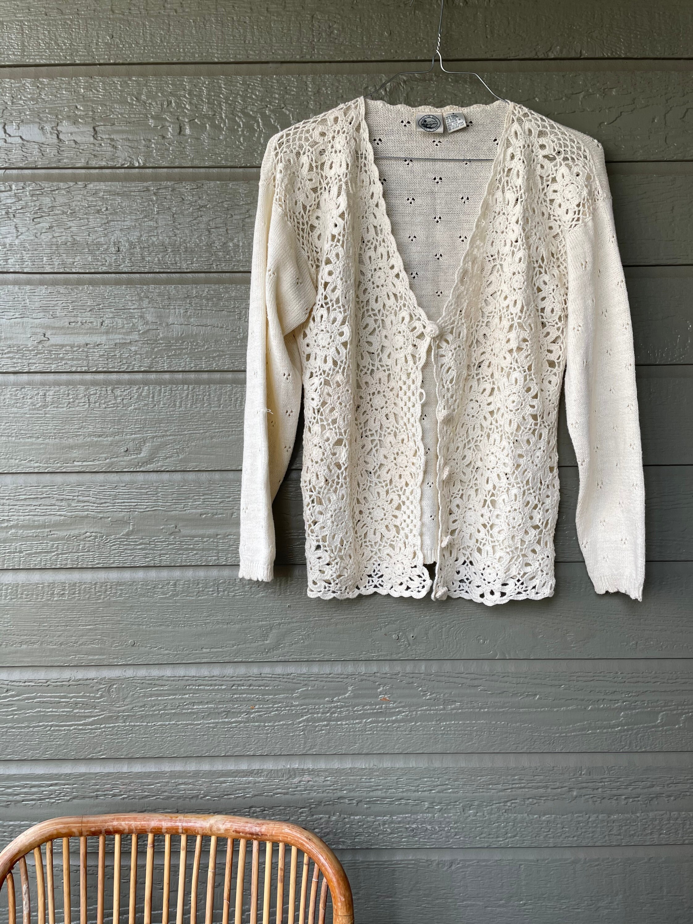Vintage Hand Knit Crochet Cardigan Cream Ramie Cotton Colter Bay