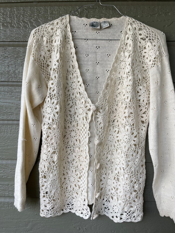 Vintage | Hand Knit | Crochet | Cardigan | Cream … - image 2