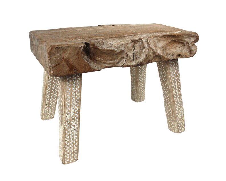 Primitive Wood Stool Side Table With Mother Of Pearl Inlay