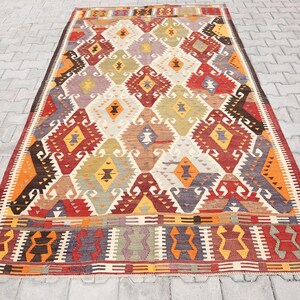 5x9 Tribal Green Red Kilim Rug, 5x9 Kilim Rug, 5x9, Handmade Wool Rug, 5x9 Area Rug, Bohemian Eclectic Style, 5x9 Rug, Rug For Living Room