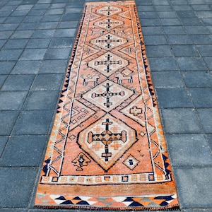 3x12 Soft Herki VINTAGE RUNNER RUG, 3x12 Vintage Runner, 3x12 Rug, Handmade Oushak Rug, 3x12 Turkish Runner, Modern Mid Century, Antique 57s
