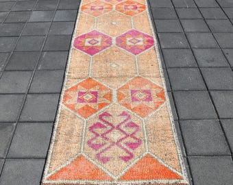Alfombra de 3x10, Alfombra de pasillo vintage de 3x10, Alfombra de pasillo vintage turca de 3x10, Alfombra de pasillo de 3x10, Alfombra de lana hecha a mano, Alfombra de pasillo rosa y beige, Alfombra de pasillo