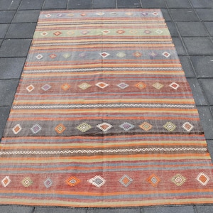 5x7 TURKISH VINTAGE KILIM Rug, 5x7 Vintage Kilim Rug, 5x7 Striped Kilim Rug, 5x7, Wool Handmade Kilim, 5x7 Area Rug, Red Tones Green Kilim